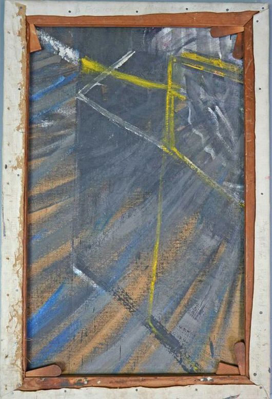 The reverse of a painting by the late commercial artist Lewis Todd, revealing that it was painted on a fragment of a painting by Francis Bacon. It will be sold by Ewbank Clarke Gammon Wellers in Woking, Surrey on March 20. Image courtesy Ewbank Clarke Gammon Wellers.